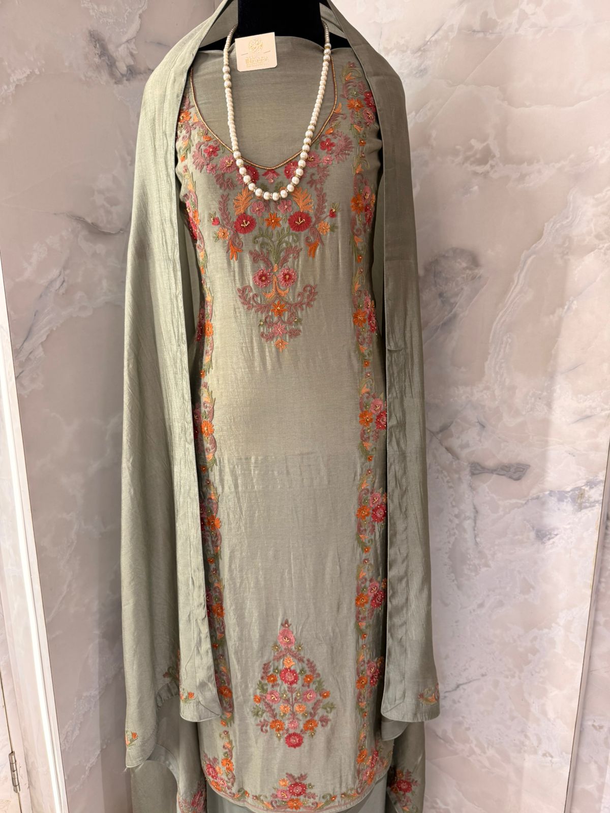 Elegant Sage Green Embroidered Suit Set with Floral Dupatta