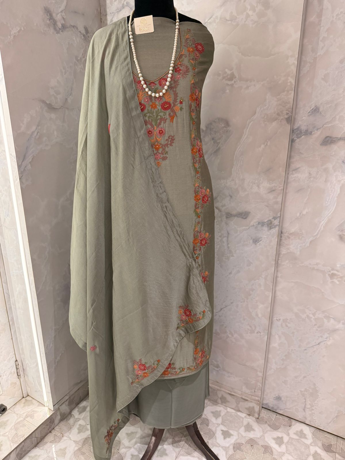 Elegant Sage Green Embroidered Suit Set with Floral Dupatta - Image 2