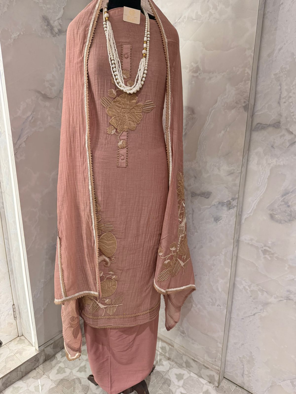 Elegant Dusty Rose Embroidered Suit Set with Matching Dupatta