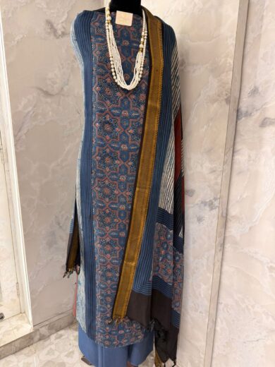 Stylish Blue Printed Kurta Suit Set with Designer Dupatta & Necklace
