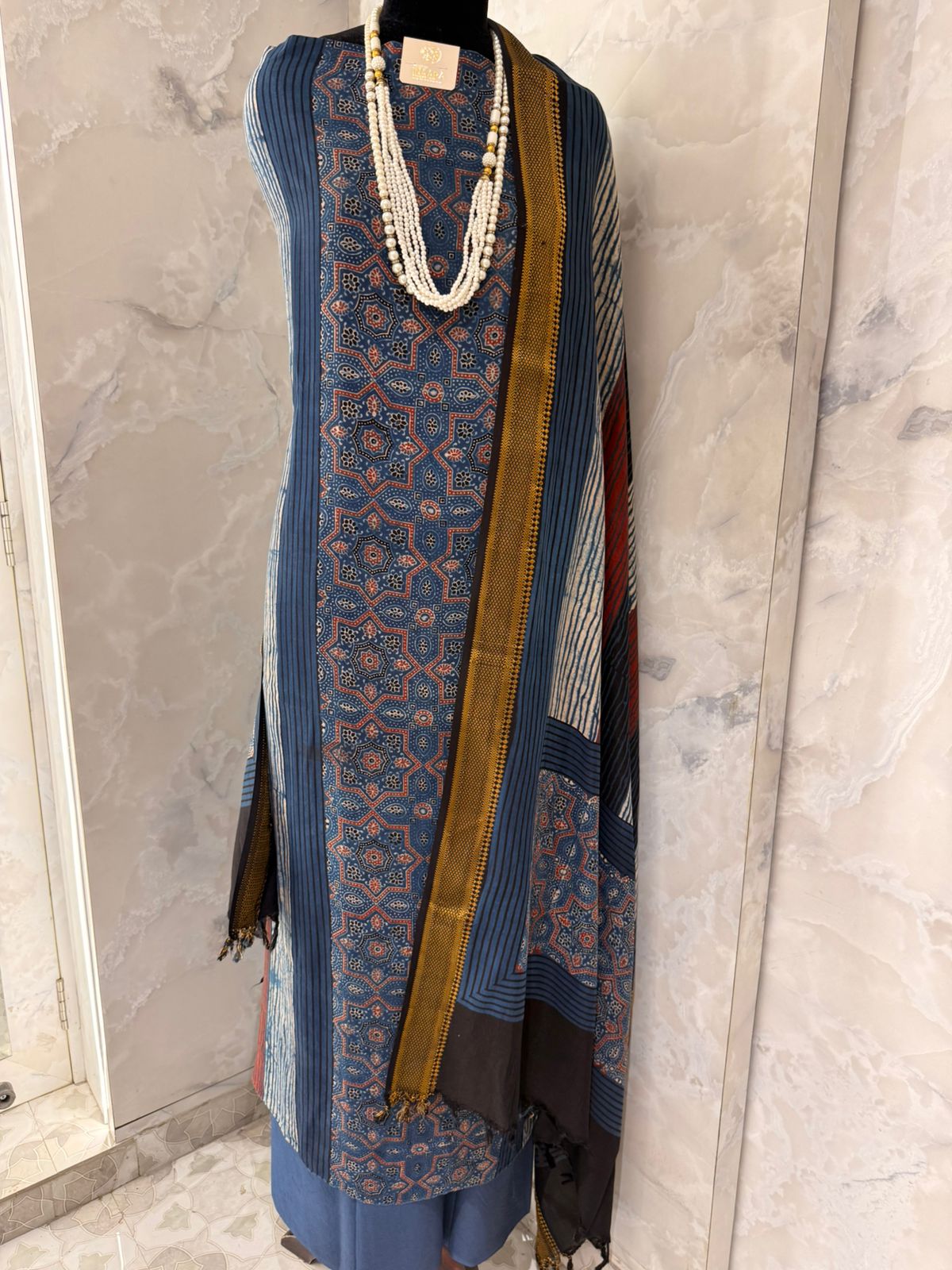 Stylish Blue Printed Kurta Suit Set with Designer Dupatta & Necklace