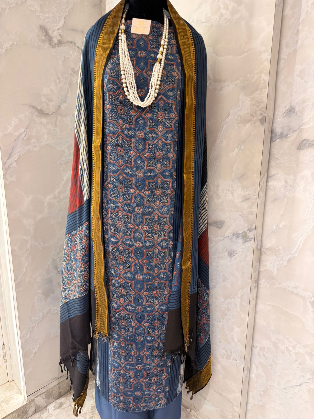 Stylish Blue Printed Kurta Suit Set with Designer Dupatta & Necklace